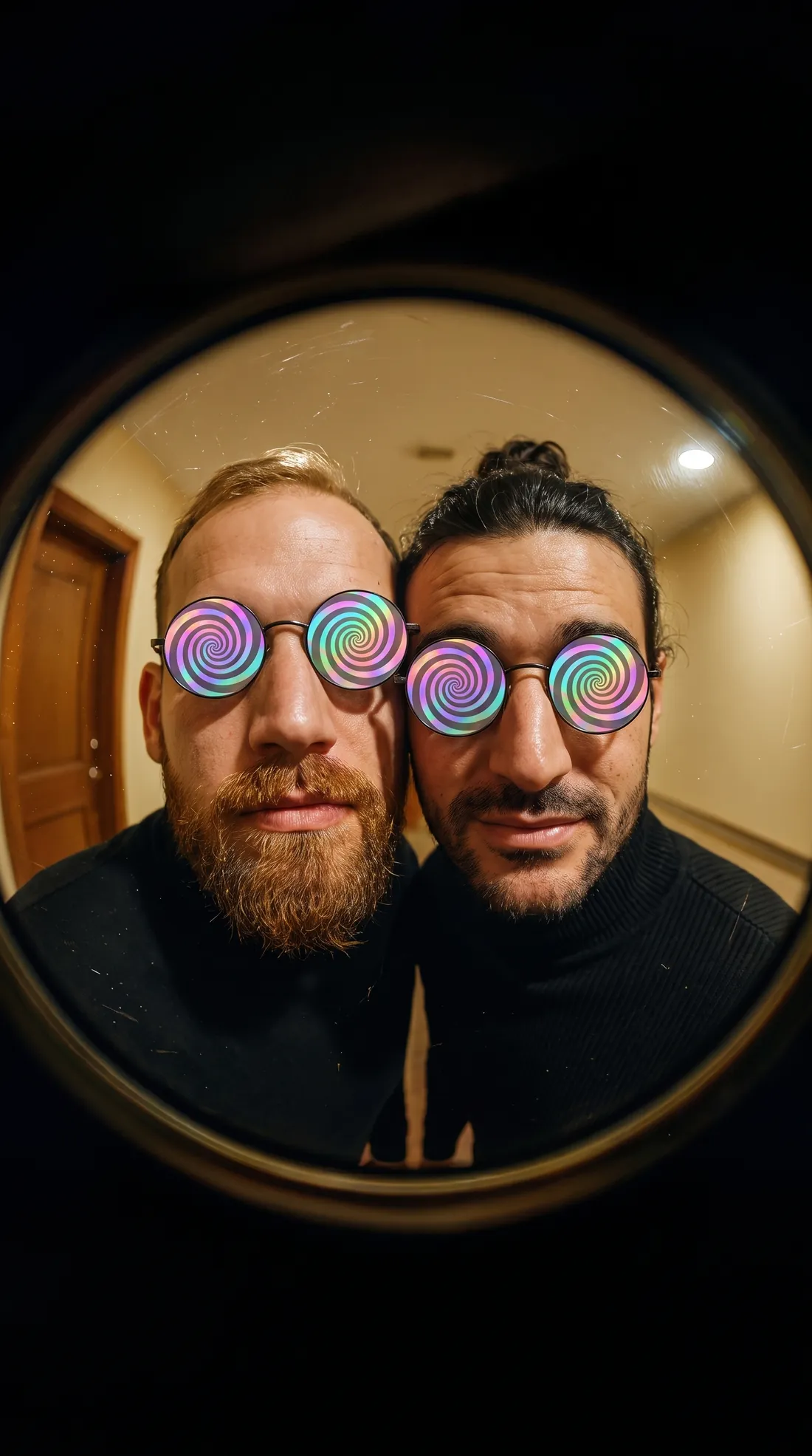Nacho y Eloy mirando por una mirilla con gafas de espiral